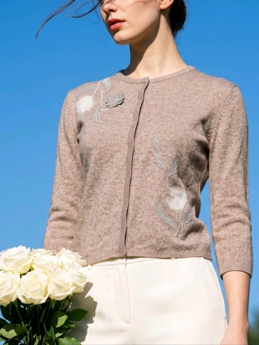 Vintage Laundry By Shelli Segal Taupe Floral-Embroidered Silk/Cashmere Cardigan